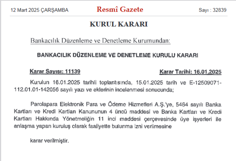 Parolapara Elektronik Para ve Ödeme Hizmetleri AŞ'ye Faaliyet İzni Verildi